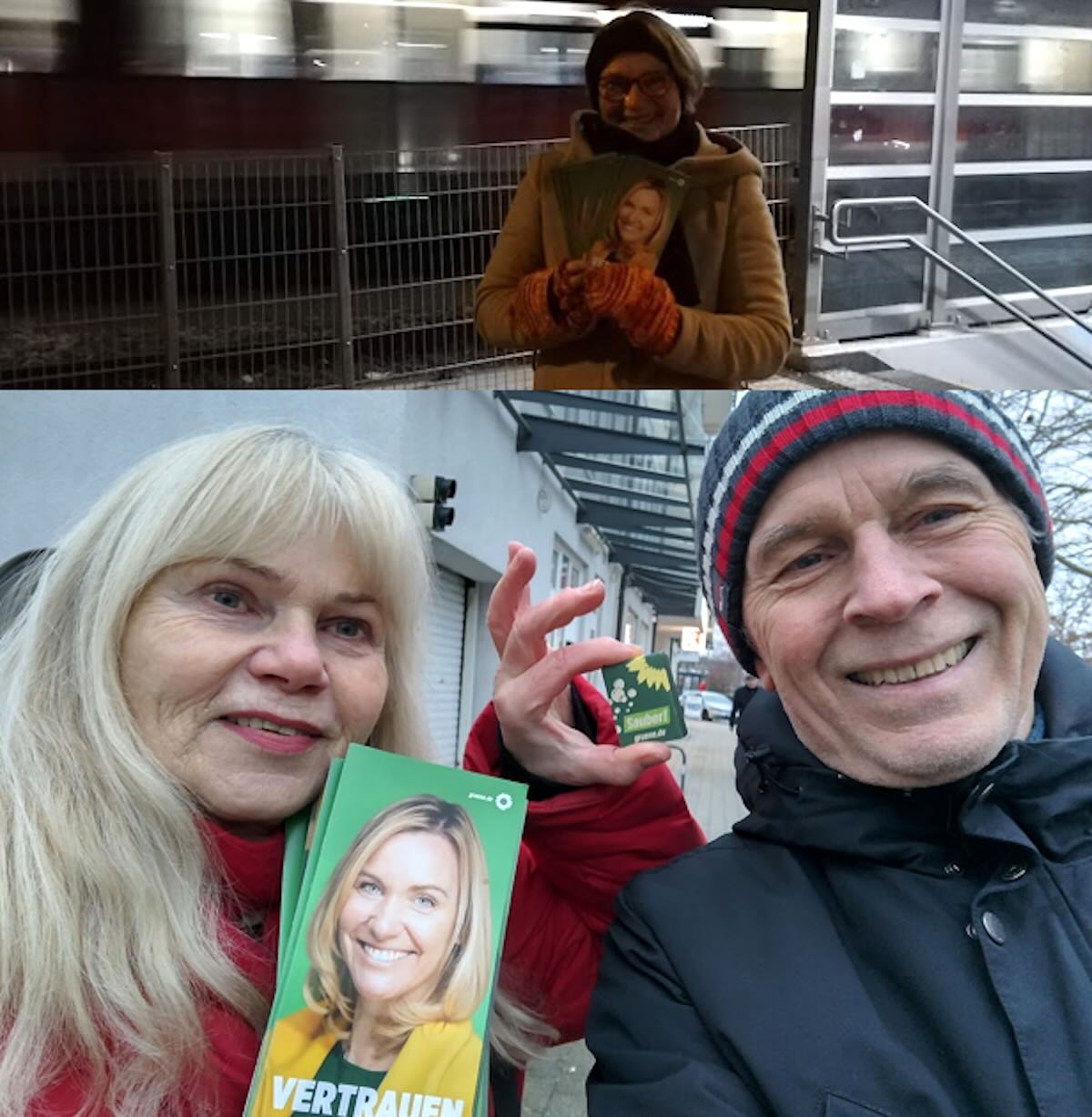 Collage aus 2 Fotos: Einmal mit Anja Kiemle an der S-Bahn Gilching-Argelsried und einmal mit Hubert auf der Pollinger Straße